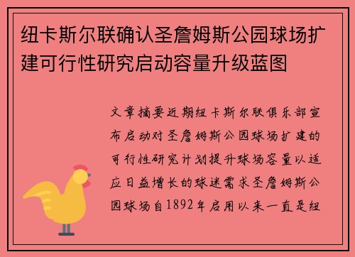 纽卡斯尔联确认圣詹姆斯公园球场扩建可行性研究启动容量升级蓝图